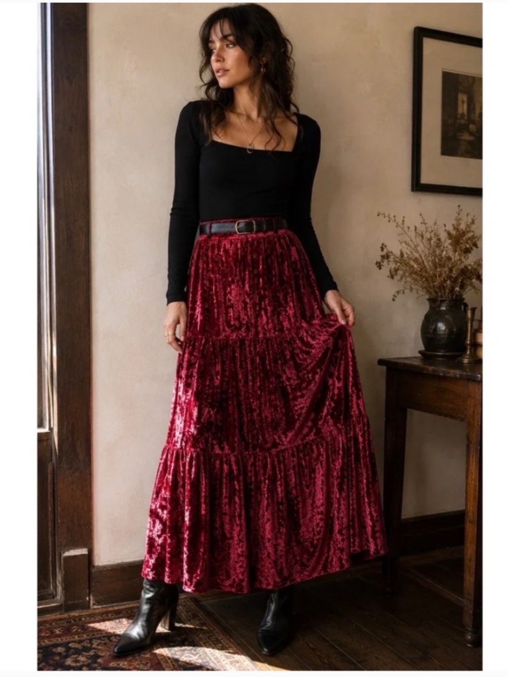 CLASSIC India Maxi Skirt, Velvet & Lace Panels, Burgundy, S/M, EUC
